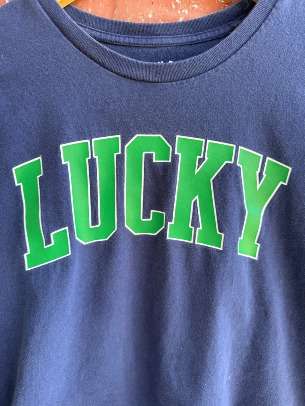 Lucky Brand Navy Tee with Bright Green 'LUCKY' Graphic